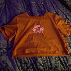brown crop top with mushrooms